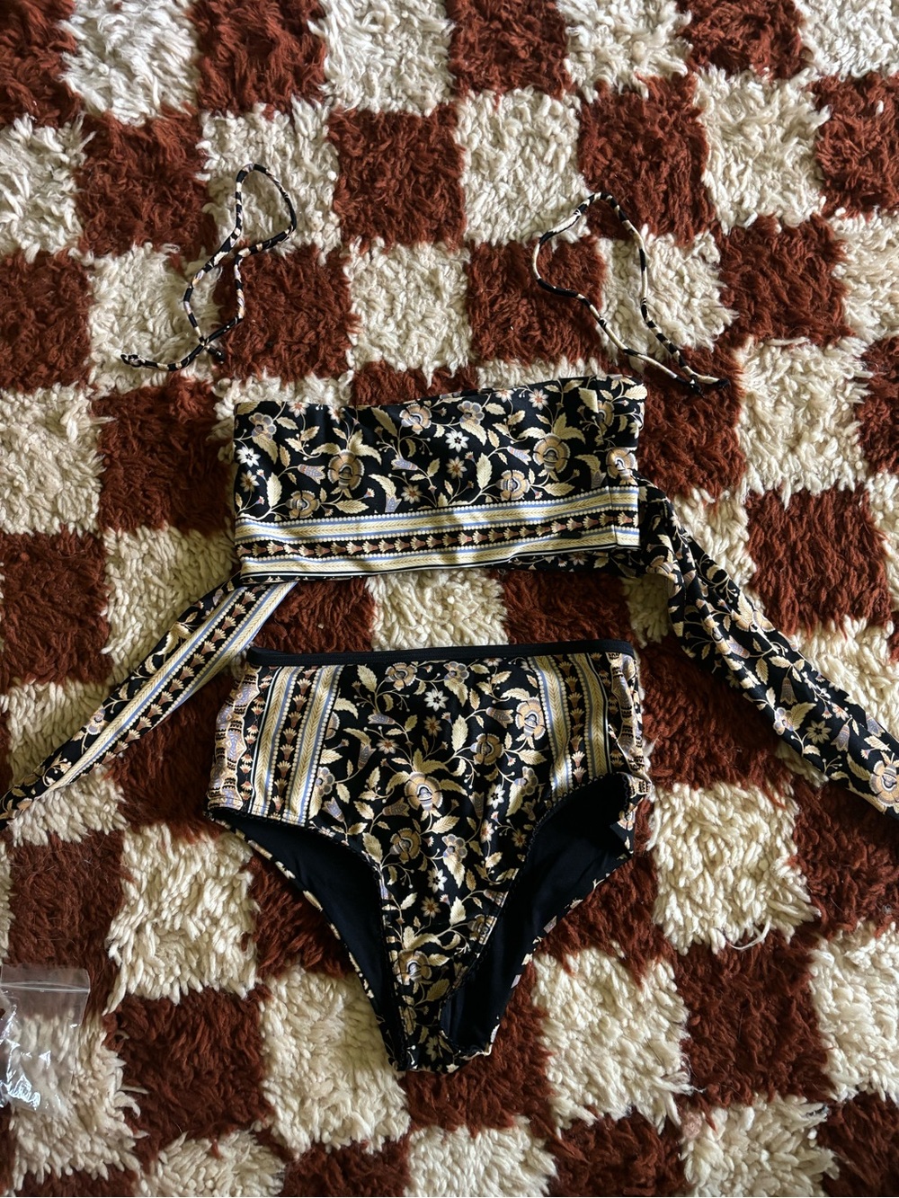 High-Waist Floral Bikini Set - Black & Gold